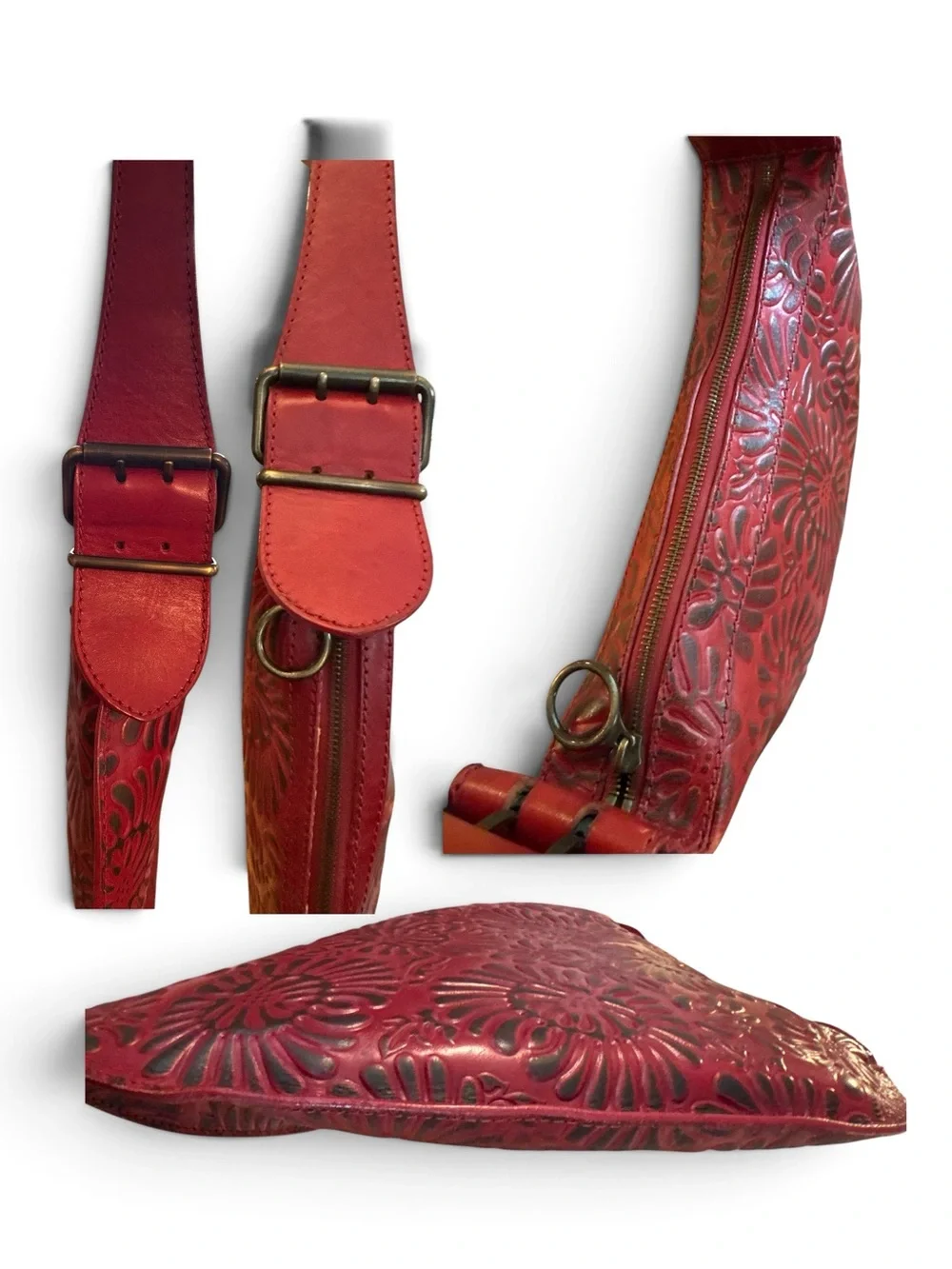 Rare Vintage Fendi Red Embossed Floral Leather Oyster Hobo Shoulder Bag